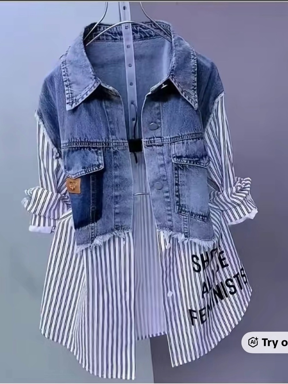 SHEIN Denim Vest Layered Over White & Navy Striped Button-Down 19.99